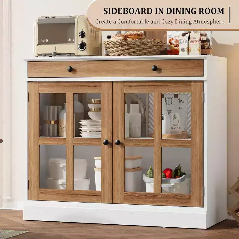 35 Sideboard Buffet Cabinets w/Glass Door & 2 Storage Drawers, Kitchen Storage Cabinet, Modern Buffets & Sideboards for Dining Room, Living Room