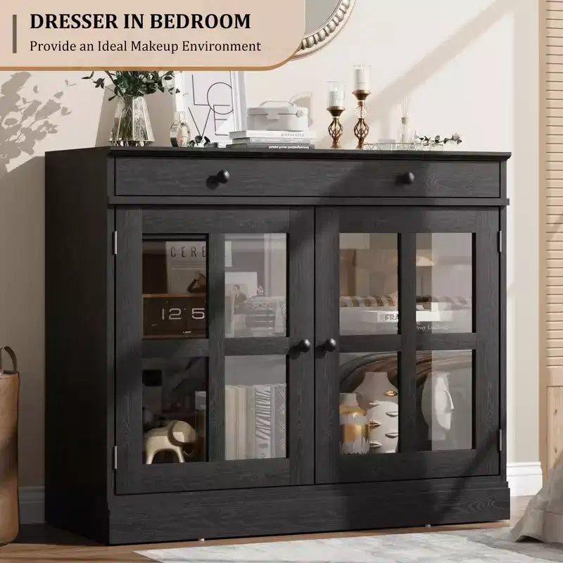 35 Sideboard Buffet Cabinets w/Glass Door & 2 Storage Drawers, Kitchen Storage Cabinet, Modern Buffets & Sideboards for Dining Room, Living Room