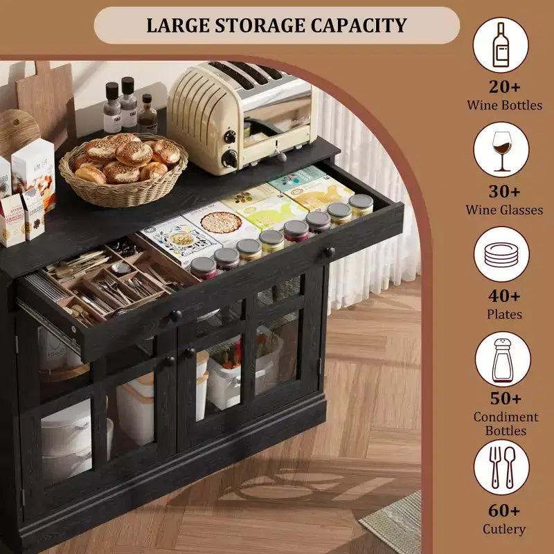 35 Sideboard Buffet Cabinets w/Glass Door & 2 Storage Drawers, Kitchen Storage Cabinet, Modern Buffets & Sideboards for Dining Room, Living Room