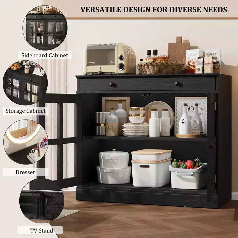 35 Sideboard Buffet Cabinets w/Glass Door & 2 Storage Drawers, Kitchen Storage Cabinet, Modern Buffets & Sideboards for Dining Room, Living Room