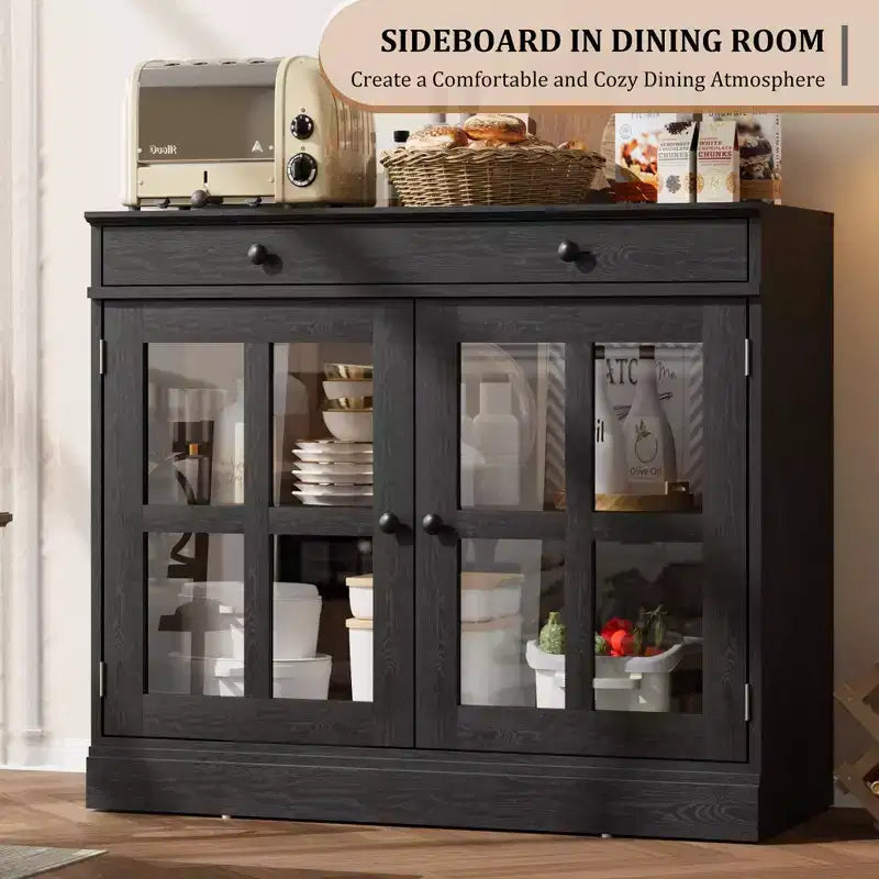 35 Sideboard Buffet Cabinets w/Glass Door & 2 Storage Drawers, Kitchen Storage Cabinet, Modern Buffets & Sideboards for Dining Room, Living Room