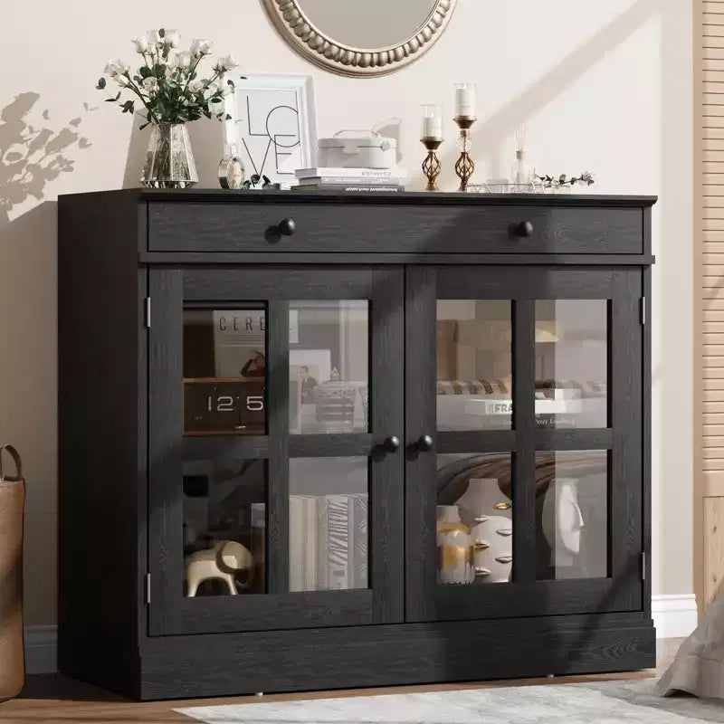 35 Sideboard Buffet Cabinets w/Glass Door & 2 Storage Drawers, Kitchen Storage Cabinet, Modern Buffets & Sideboards for Dining Room, Living Room