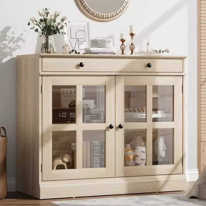 35 Sideboard Buffet Cabinets w/Glass Door & 2 Storage Drawers, Kitchen Storage Cabinet, Modern Buffets & Sideboards for Dining Room, Living Room