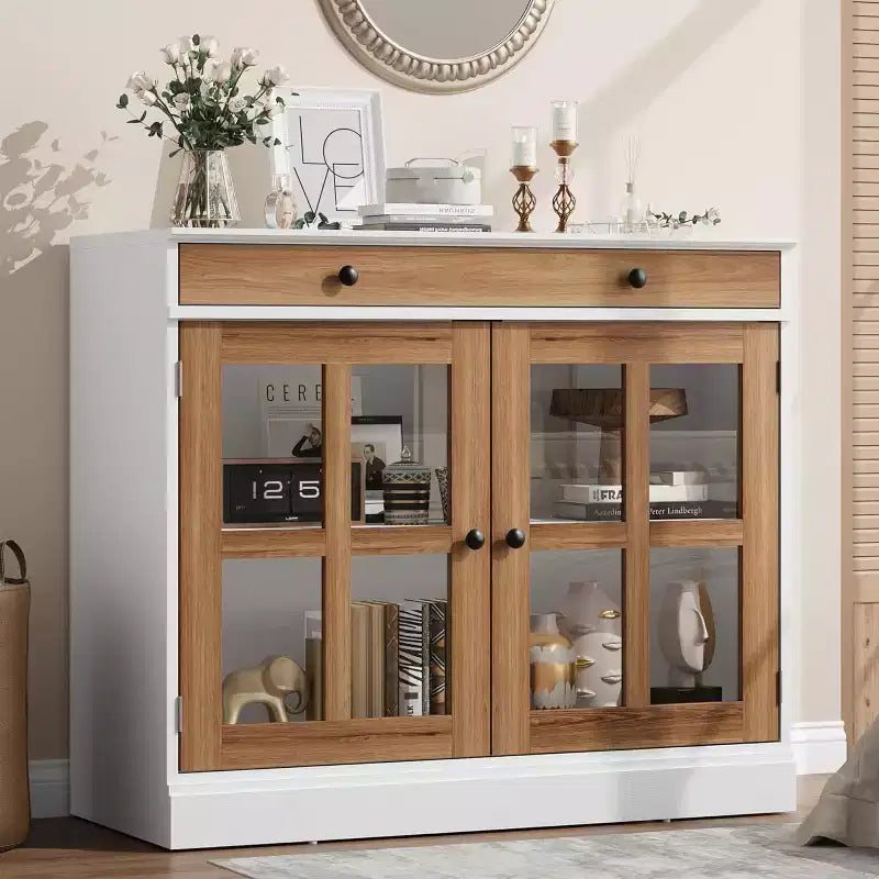 35 Sideboard Buffet Cabinets w/Glass Door & 2 Storage Drawers, Kitchen Storage Cabinet, Modern Buffets & Sideboards for Dining Room, Living Room