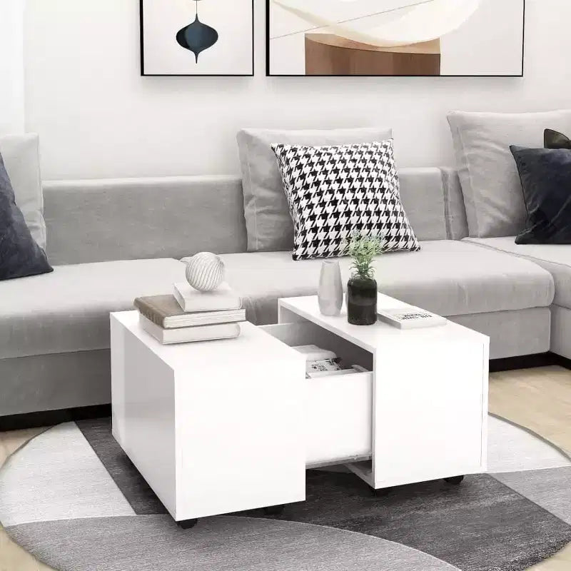 vidaXL Engineered Wood Coffee Table with Storage- Extendable, Modern Look with Mobility (Wheels), White, Square Shape, Easy to Clean