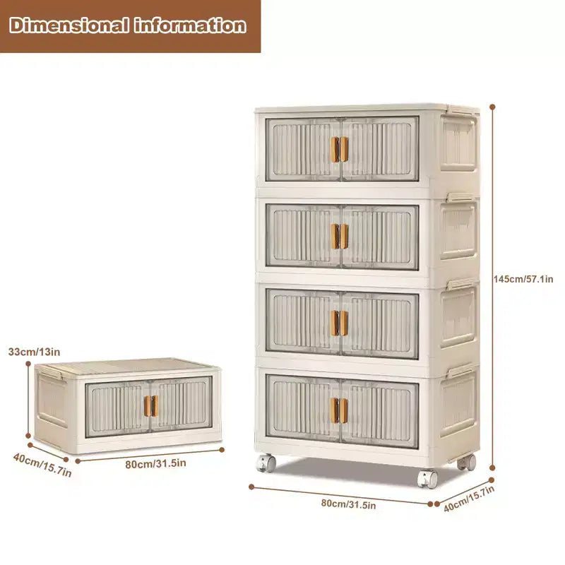 Plastic Stackable Storage Bins, 4Pcs Folding Storage Bins with Doors and Wheels, Closet Organizer and Home Storage Container Boxes for Bedroom, Dorm