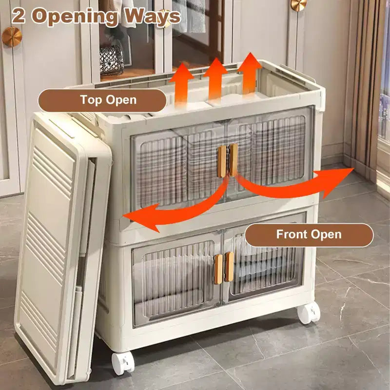 Plastic Stackable Storage Bins, 4Pcs Folding Storage Bins with Doors and Wheels, Closet Organizer and Home Storage Container Boxes for Bedroom, Dorm