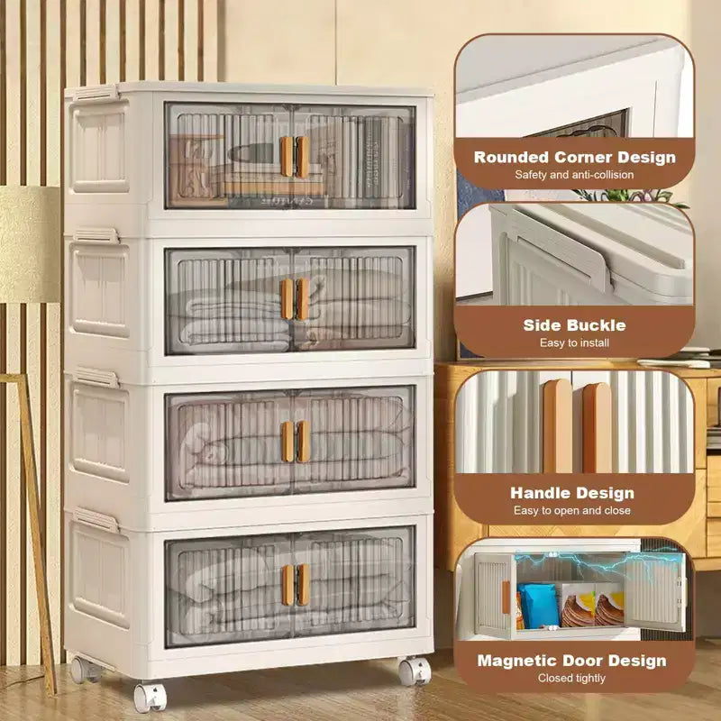 Plastic Stackable Storage Bins, 4Pcs Folding Storage Bins with Doors and Wheels, Closet Organizer and Home Storage Container Boxes for Bedroom, Dorm