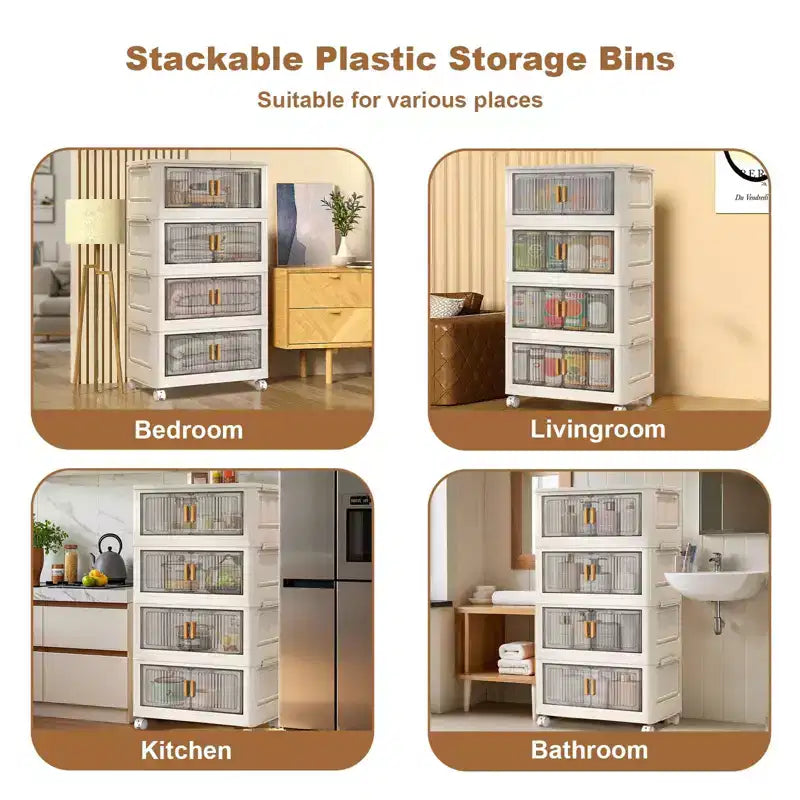 Plastic Stackable Storage Bins, 4Pcs Folding Storage Bins with Doors and Wheels, Closet Organizer and Home Storage Container Boxes for Bedroom, Dorm