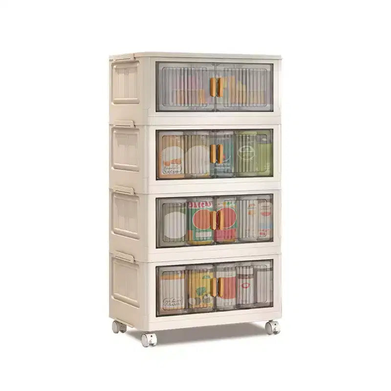 Plastic Stackable Storage Bins, 4Pcs Folding Storage Bins with Doors and Wheels, Closet Organizer and Home Storage Container Boxes for Bedroom, Dorm
