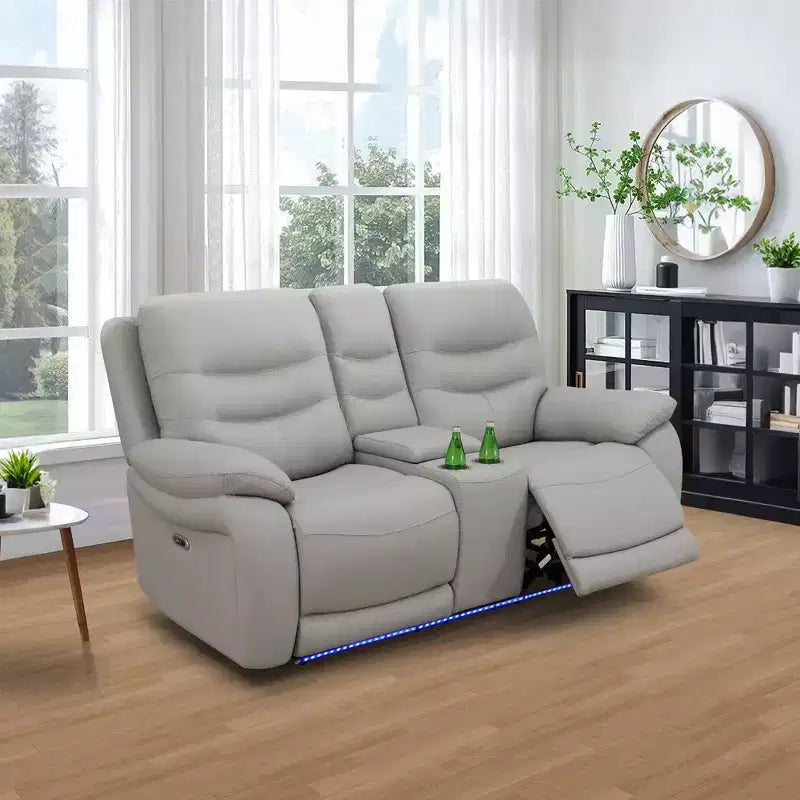 MAYEERTY Power Reclining Loveseat, Electric 2-Seat Breathable Leather Recliner with USB Charging & LED for Living Room, Light Grey