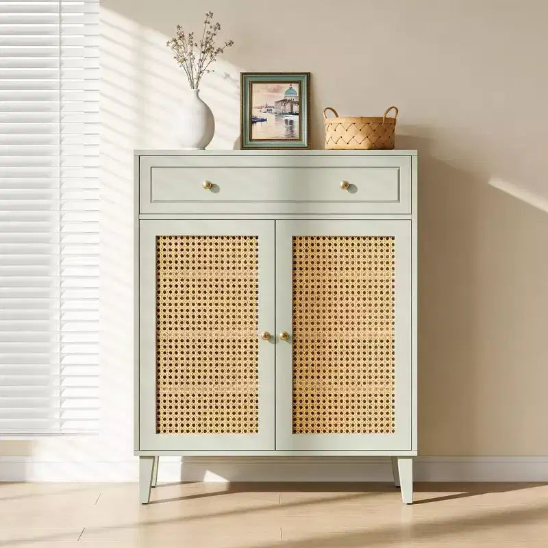 GDFStudio Mickey 4-Tier Modern Wood Rattan Shoe Rack with 1 Drawer