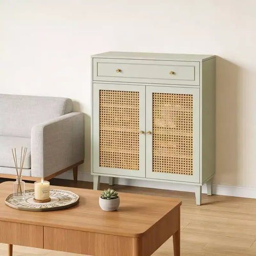 GDFStudio Mickey 4-Tier Modern Wood Rattan Shoe Rack with 1 Drawer