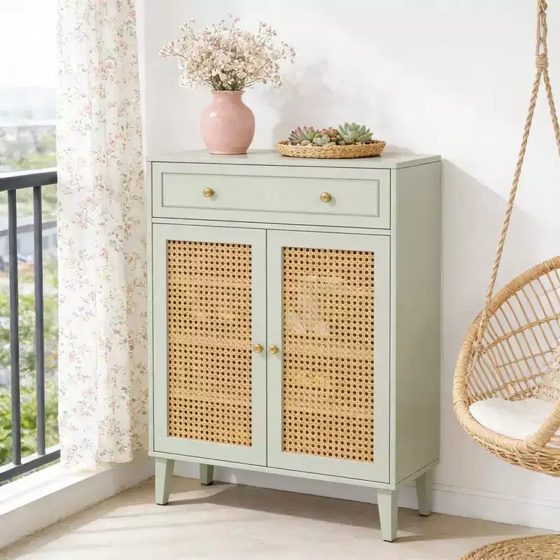GDFStudio Mickey 4-Tier Modern Wood Rattan Shoe Rack with 1 Drawer