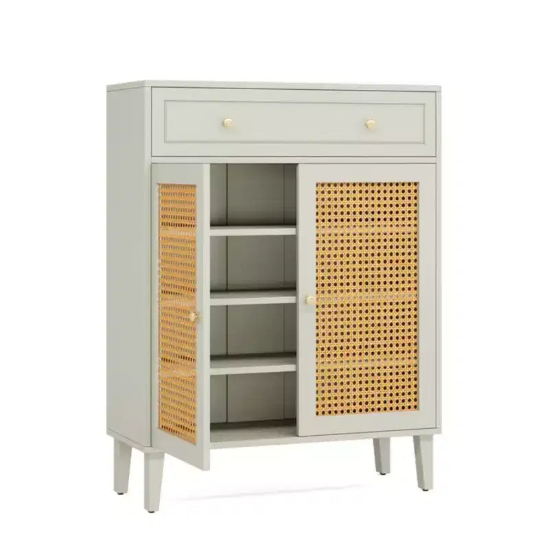 GDFStudio Mickey 4-Tier Modern Wood Rattan Shoe Rack with 1 Drawer
