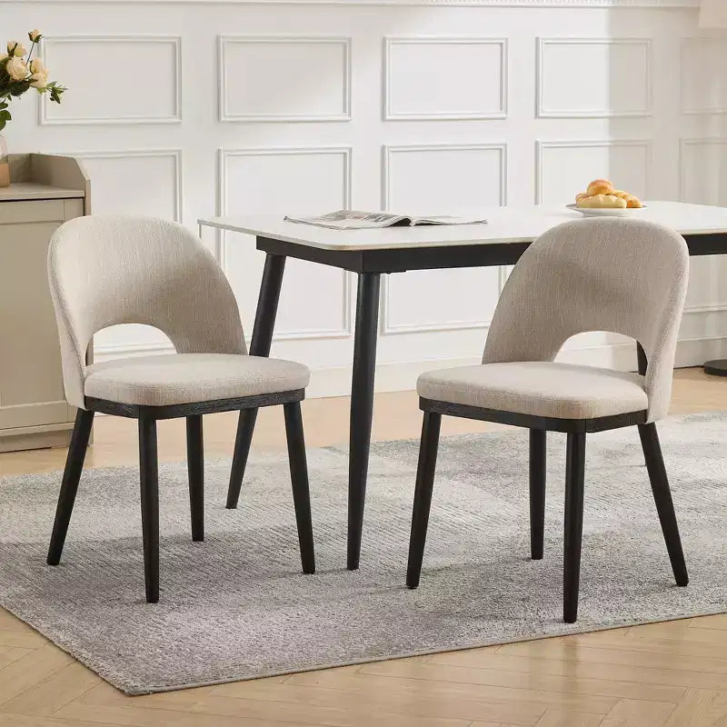 Set of 2 Dining Chairs, Linen Upholstered, Thick Cushioned Seat, Curved Backrest, Sturdy Wood Legs, Accent Side Chairs, Beige