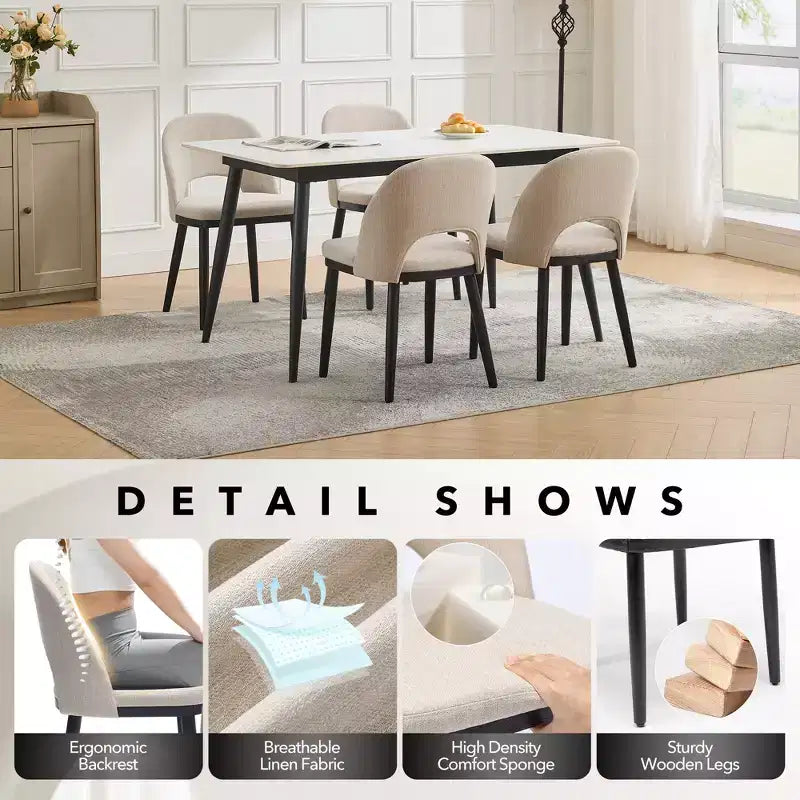 Set of 2 Dining Chairs, Linen Upholstered, Thick Cushioned Seat, Curved Backrest, Sturdy Wood Legs, Accent Side Chairs, Beige