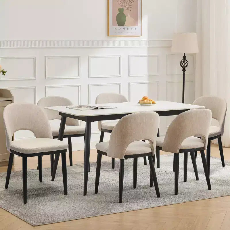 Set of 2 Dining Chairs, Linen Upholstered, Thick Cushioned Seat, Curved Backrest, Sturdy Wood Legs, Accent Side Chairs, Beige