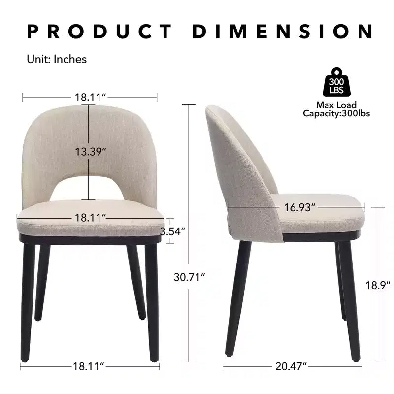 Set of 2 Dining Chairs, Linen Upholstered, Thick Cushioned Seat, Curved Backrest, Sturdy Wood Legs, Accent Side Chairs, Beige