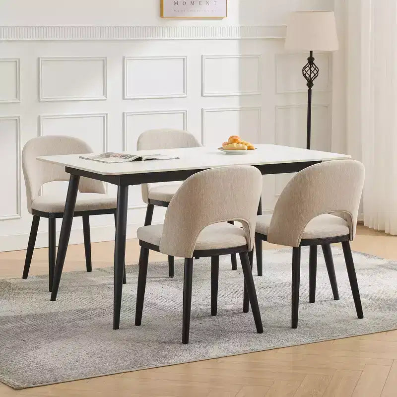 Set of 2 Dining Chairs, Linen Upholstered, Thick Cushioned Seat, Curved Backrest, Sturdy Wood Legs, Accent Side Chairs, Beige