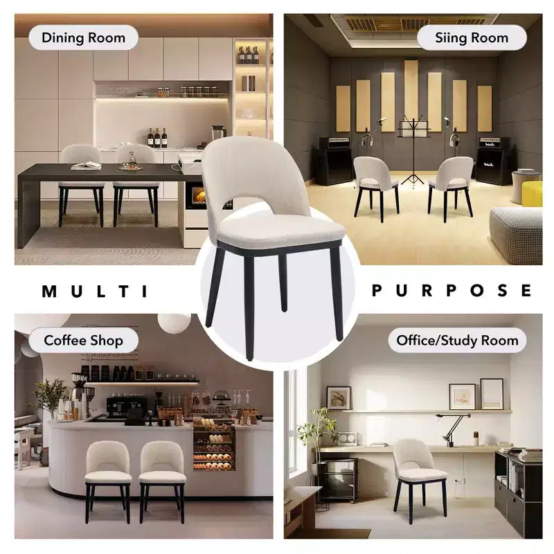 Set of 2 Dining Chairs, Linen Upholstered, Thick Cushioned Seat, Curved Backrest, Sturdy Wood Legs, Accent Side Chairs, Beige