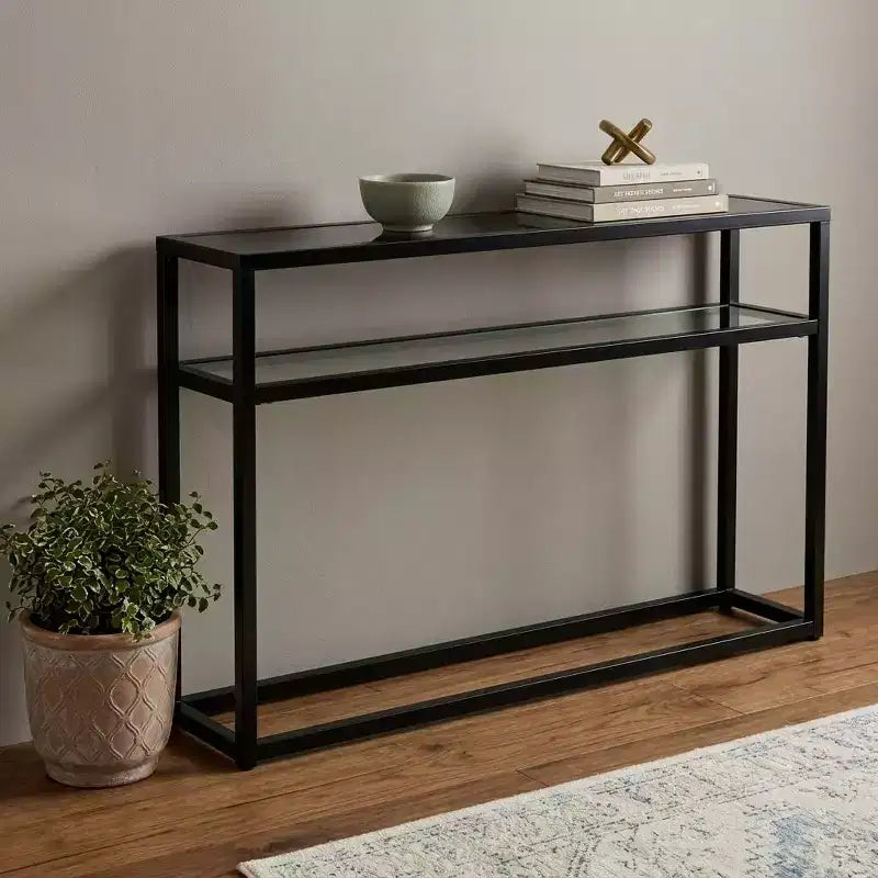 HomeRoots 50 Black Glass Frame Console Table With Shelves