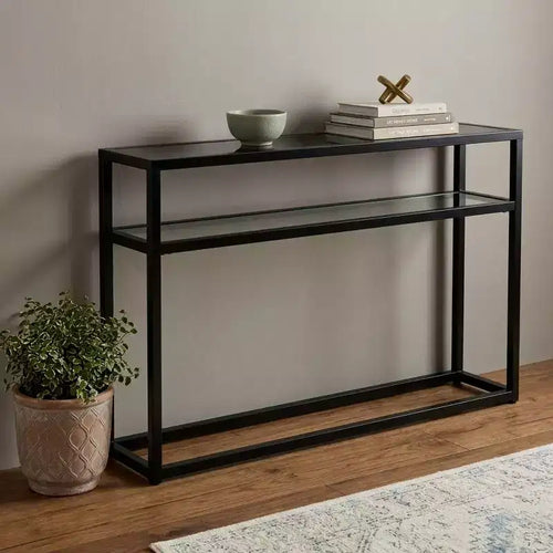 HomeRoots 50 Black Glass Frame Console Table With Shelves