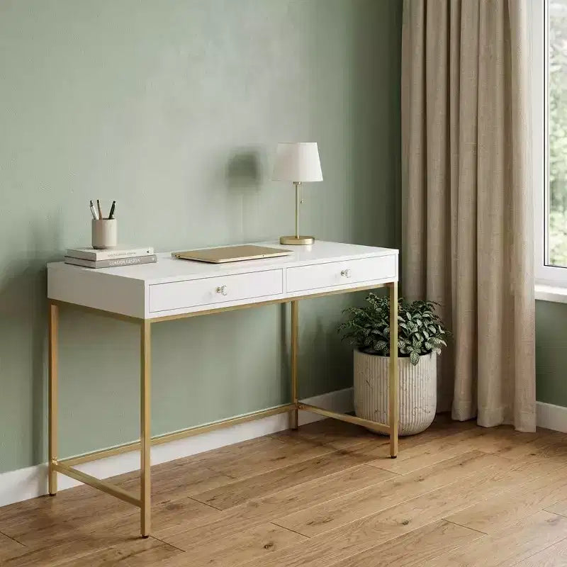HomeRoots 47 White and Gold Computer Desk With Two Drawers