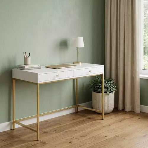 HomeRoots 47 White and Gold Computer Desk With Two Drawers