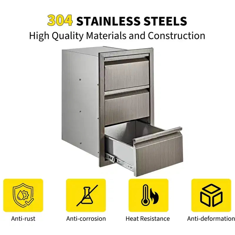 Outdoor Kitchen Triple Drawers 14.7 W x 24.5 H x 18.5 D, Stainless Steel with Side Access Door for BBQ Island, Patio Grill Station