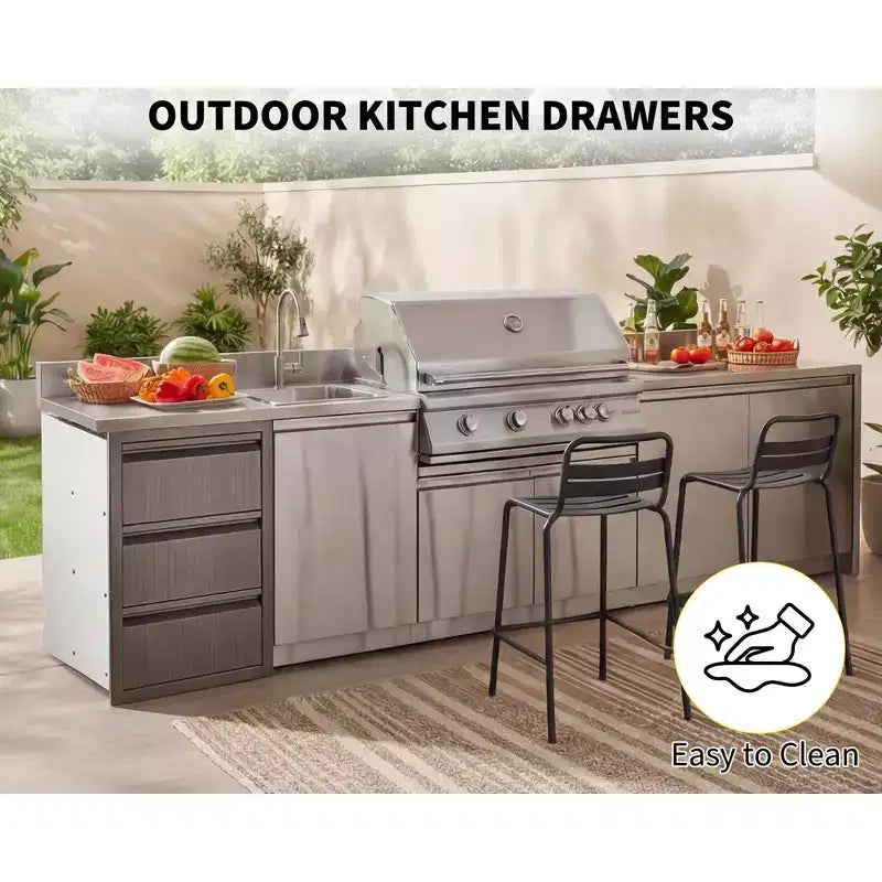 Outdoor Kitchen Triple Drawers 14.7 W x 24.5 H x 18.5 D, Stainless Steel with Side Access Door for BBQ Island, Patio Grill Station