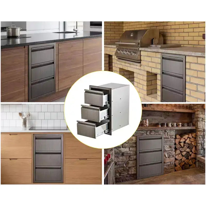 Outdoor Kitchen Triple Drawers 14.7 W x 24.5 H x 18.5 D, Stainless Steel with Side Access Door for BBQ Island, Patio Grill Station