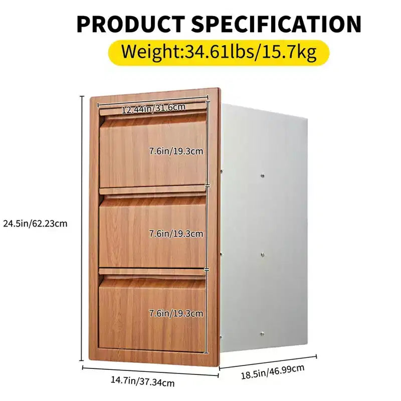 Outdoor Kitchen Triple Drawers 14.7 W x 24.5 H x 18.5 D, Stainless Steel with Side Access Door for BBQ Island, Patio Grill Station