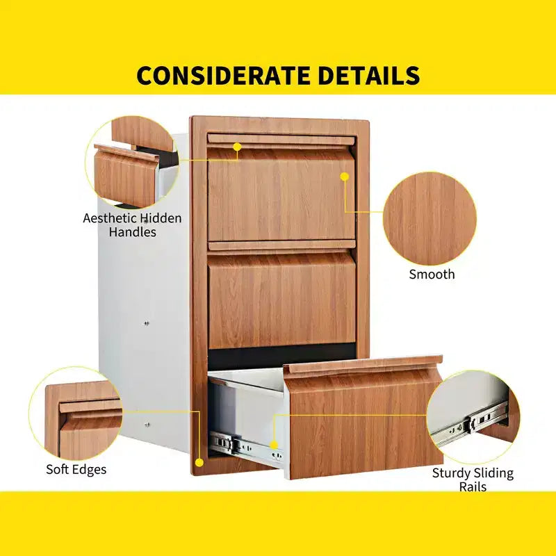 Outdoor Kitchen Triple Drawers 14.7 W x 24.5 H x 18.5 D, Stainless Steel with Side Access Door for BBQ Island, Patio Grill Station