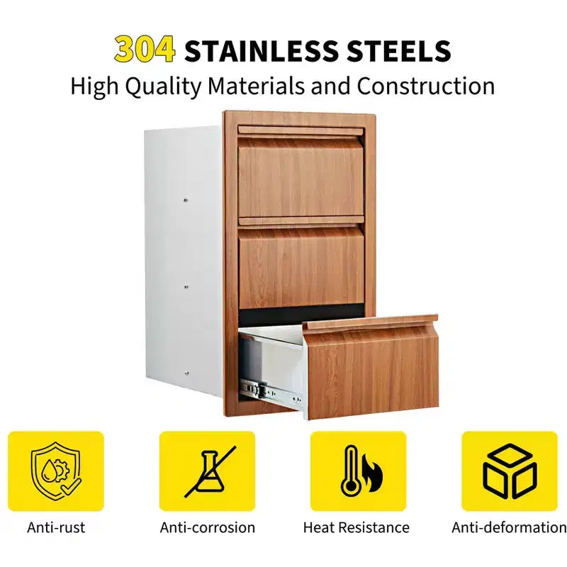 Outdoor Kitchen Triple Drawers 14.7 W x 24.5 H x 18.5 D, Stainless Steel with Side Access Door for BBQ Island, Patio Grill Station