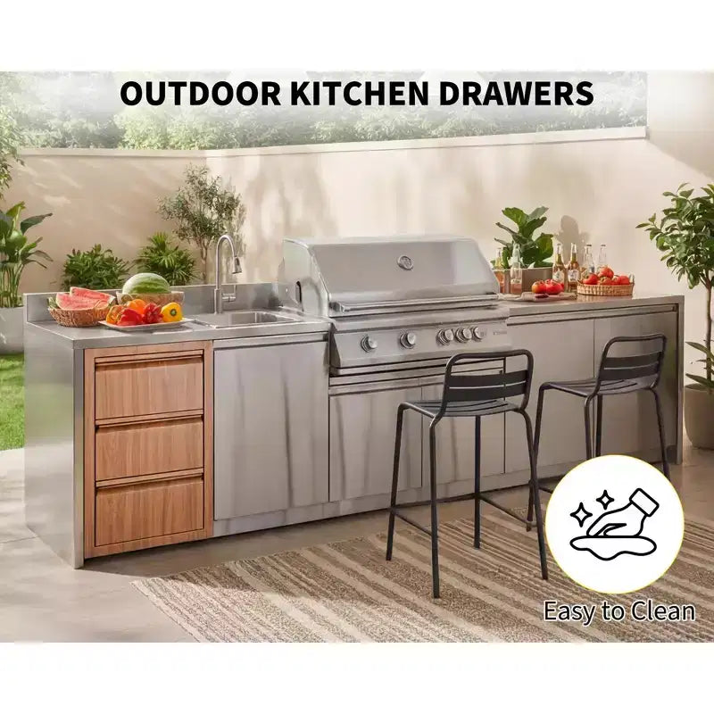 Outdoor Kitchen Triple Drawers 14.7 W x 24.5 H x 18.5 D, Stainless Steel with Side Access Door for BBQ Island, Patio Grill Station