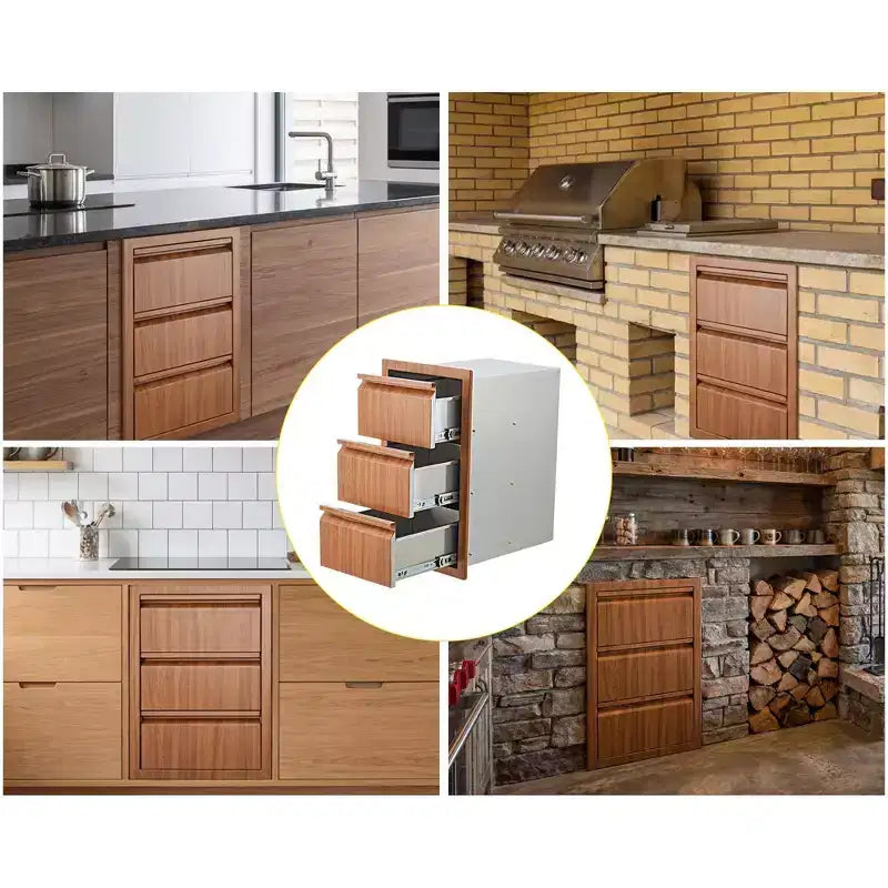 Outdoor Kitchen Triple Drawers 14.7 W x 24.5 H x 18.5 D, Stainless Steel with Side Access Door for BBQ Island, Patio Grill Station