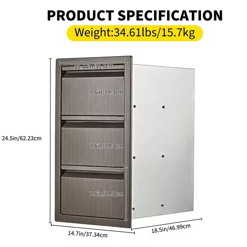 Outdoor Kitchen Triple Drawers 14.7 W x 24.5 H x 18.5 D, Stainless Steel with Side Access Door for BBQ Island, Patio Grill Station