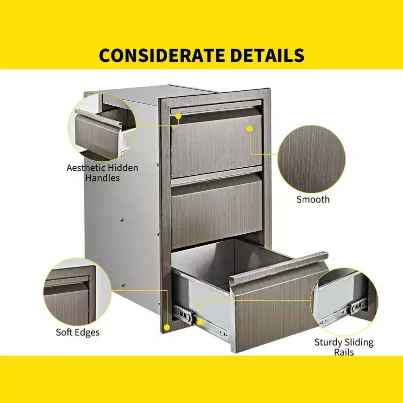 Outdoor Kitchen Triple Drawers 14.7 W x 24.5 H x 18.5 D, Stainless Steel with Side Access Door for BBQ Island, Patio Grill Station