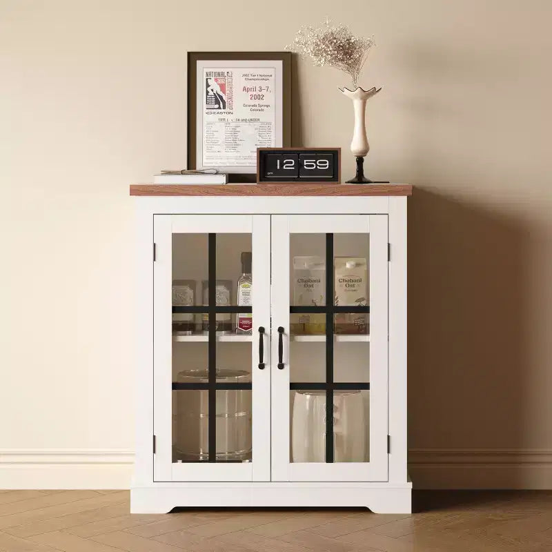 Buffet Cabinet with Storage, Sideboard Buffet with Glass Doors, Built-in Power Outlet, Black Relief Top Plate, for Kitchen, Coffee Bar, Pantry
