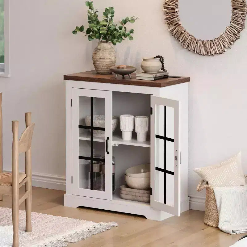 Buffet Cabinet with Storage, Sideboard Buffet with Glass Doors, Built-in Power Outlet, Black Relief Top Plate, for Kitchen, Coffee Bar, Pantry