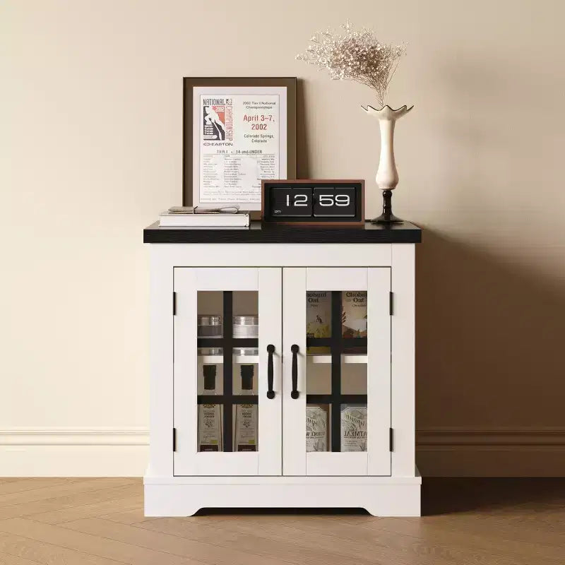 Buffet Cabinet with Storage, Sideboard Buffet with Glass Doors, Built-in Power Outlet, Black Relief Top Plate, for Kitchen, Coffee Bar, Pantry