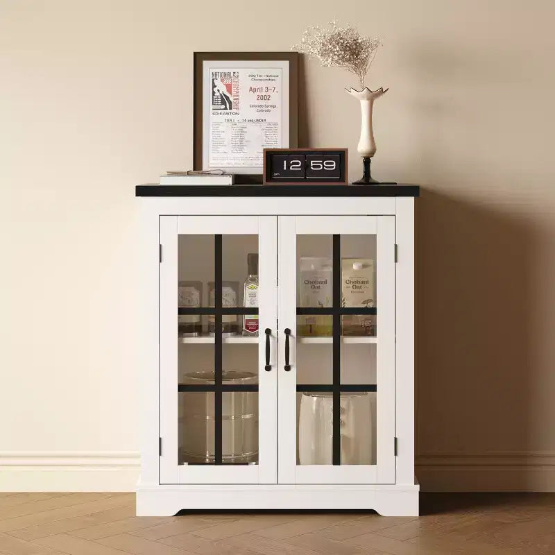Buffet Cabinet with Storage, Sideboard Buffet with Glass Doors, Built-in Power Outlet, Black Relief Top Plate, for Kitchen, Coffee Bar, Pantry