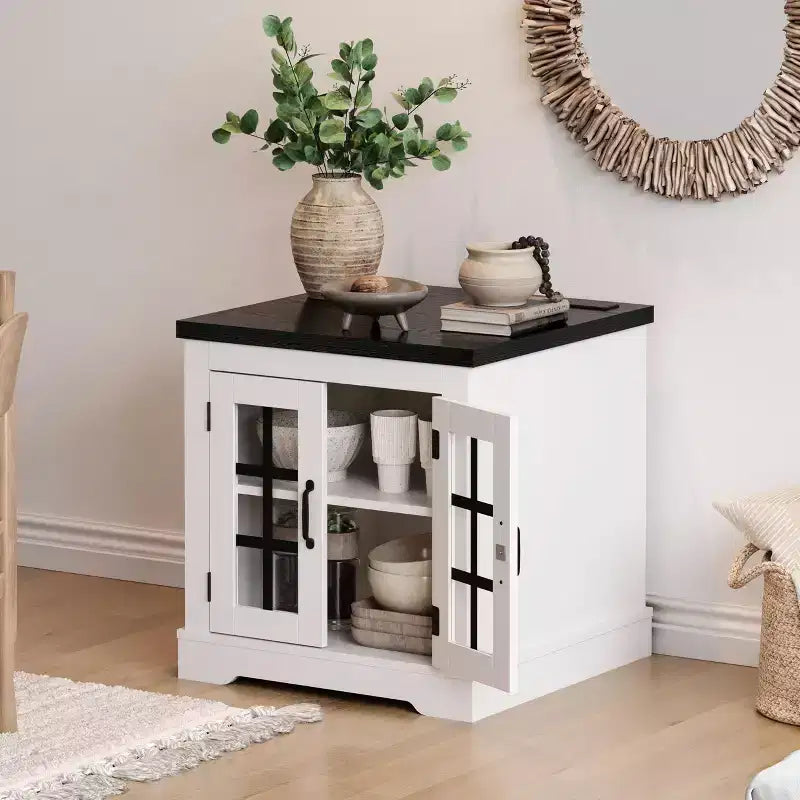 Buffet Cabinet with Storage, Sideboard Buffet with Glass Doors, Built-in Power Outlet, Black Relief Top Plate, for Kitchen, Coffee Bar, Pantry