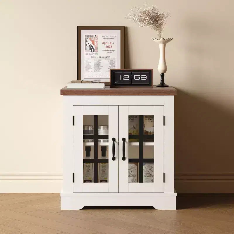 Buffet Cabinet with Storage, Sideboard Buffet with Glass Doors, Built-in Power Outlet, Black Relief Top Plate, for Kitchen, Coffee Bar, Pantry