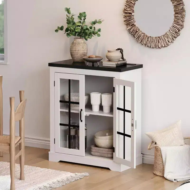 Buffet Cabinet with Storage, Sideboard Buffet with Glass Doors, Built-in Power Outlet, Black Relief Top Plate, for Kitchen, Coffee Bar, Pantry