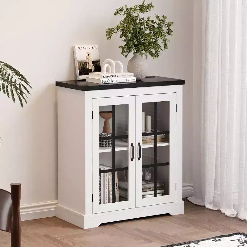 Buffet Cabinet with Storage, Sideboard Buffet with Glass Doors, Built-in Power Outlet, Black Relief Top Plate, for Kitchen, Coffee Bar, Pantry