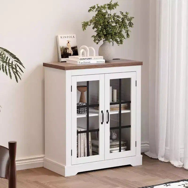 Buffet Cabinet with Storage, Sideboard Buffet with Glass Doors, Built-in Power Outlet, Black Relief Top Plate, for Kitchen, Coffee Bar, Pantry