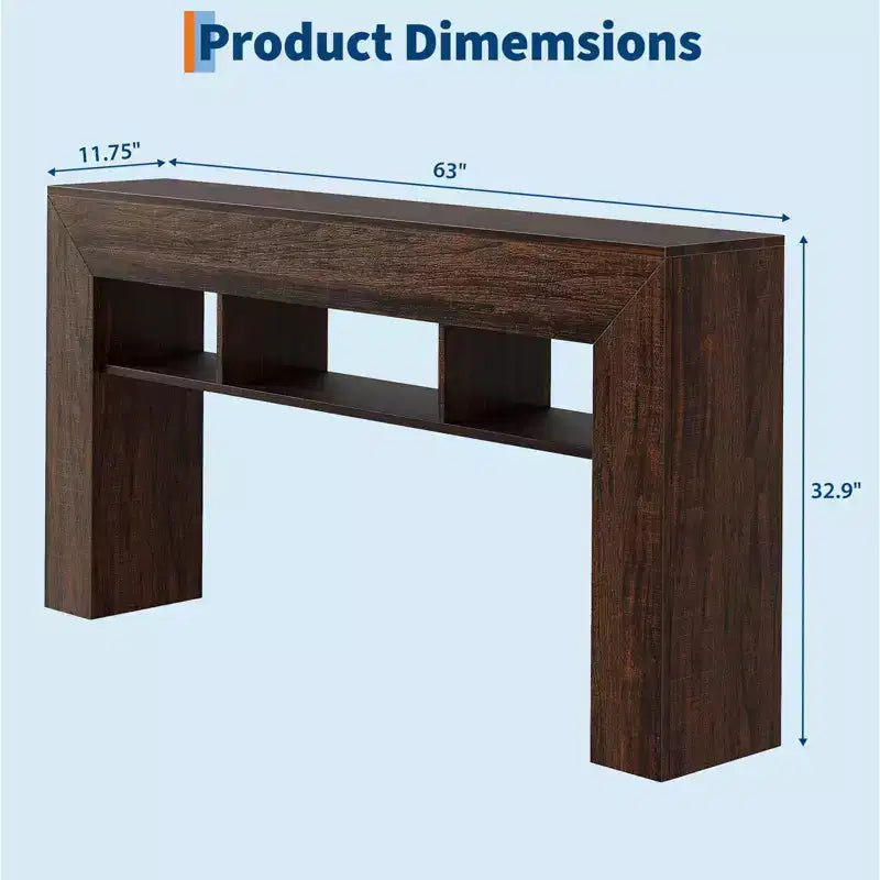 63 Slim Console Table with 3 Open Shelves, Rustic Narrow Sofa Table for Behind Couch, 3-Tier Long Entryway Table for Hallway, Wood Frame