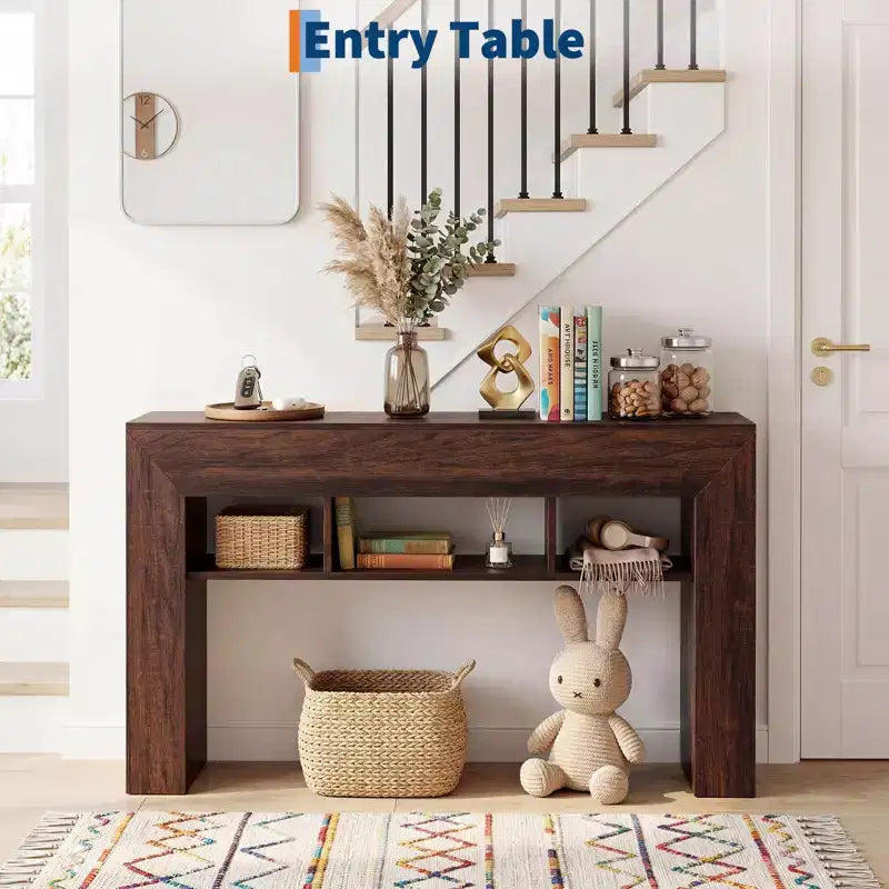 63 Slim Console Table with 3 Open Shelves, Rustic Narrow Sofa Table for Behind Couch, 3-Tier Long Entryway Table for Hallway, Wood Frame